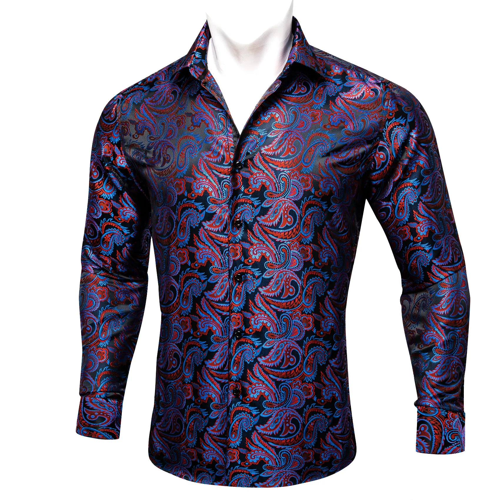 Blue Red Paisley Flower Pattern Silk Men's Long Sleeve Shirt