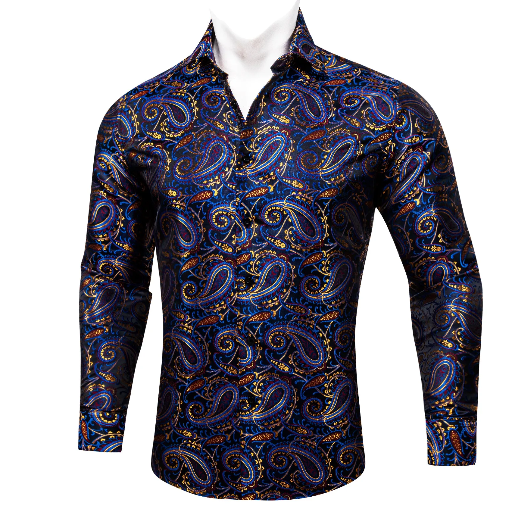 Blue Red Yellow Paisley Silk Men's Long Sleeve Shirt