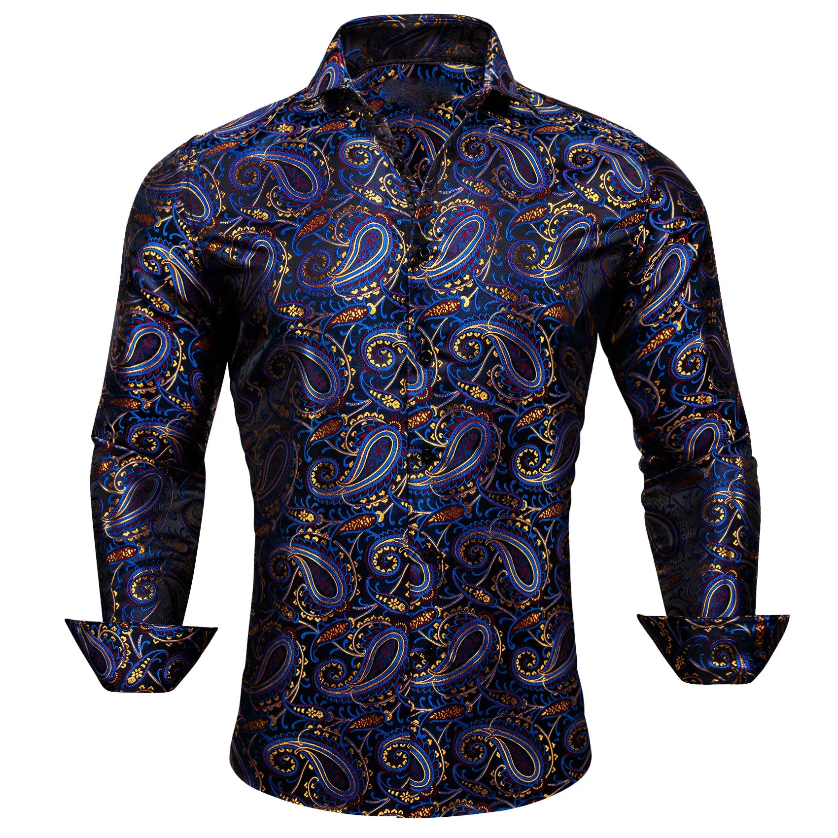 Blue Red Yellow Paisley Silk Men's Long Sleeve Shirt