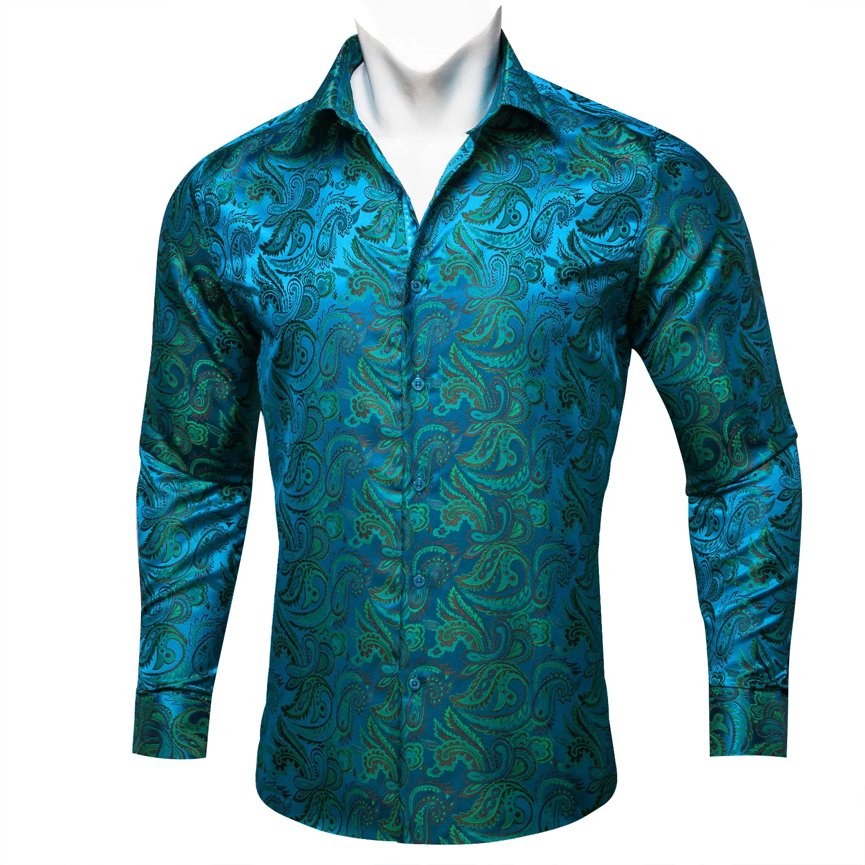 Blue Teal Paisley Flower Pattern Silk Men's Long Sleeve Shirt