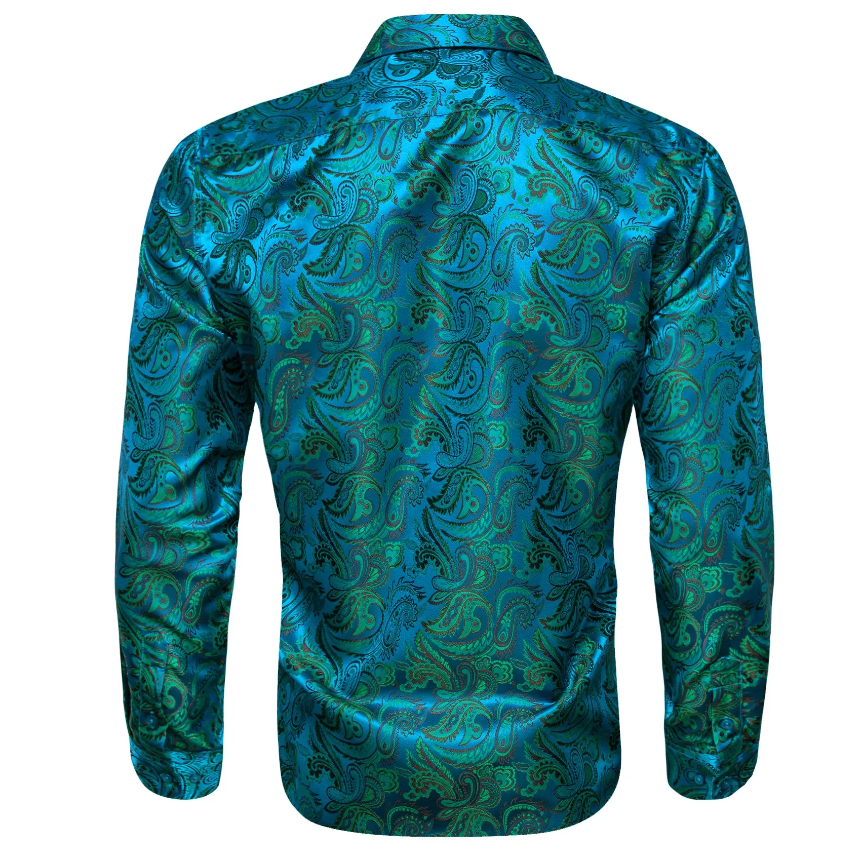 Blue Teal Paisley Flower Pattern Silk Men's Long Sleeve Shirt