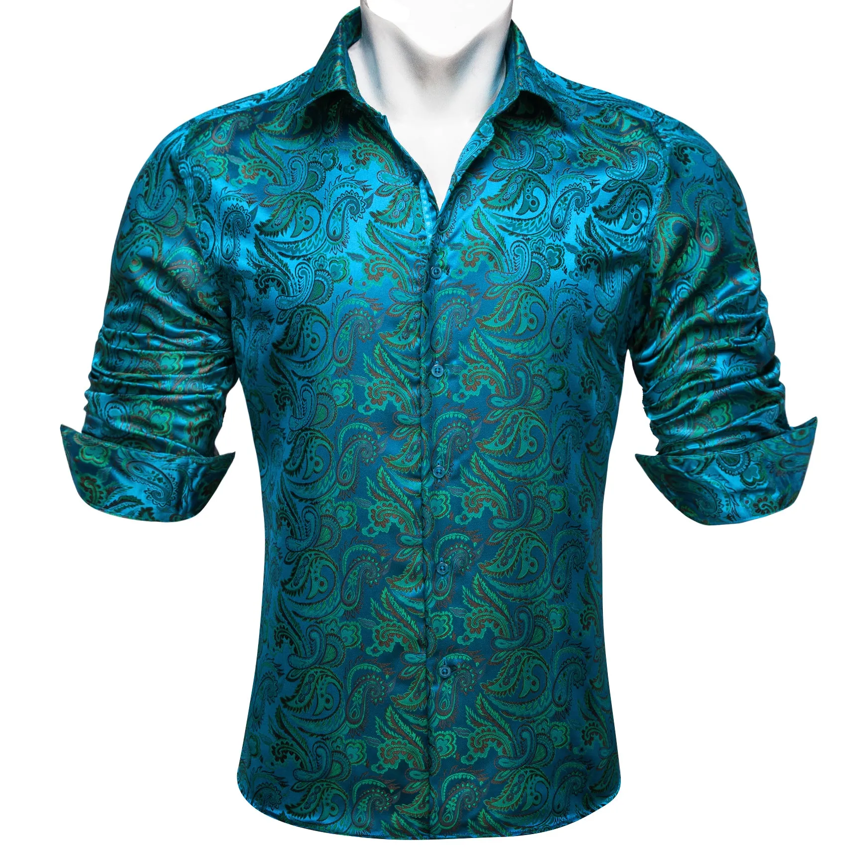 Blue Teal Paisley Flower Pattern Silk Men's Long Sleeve Shirt