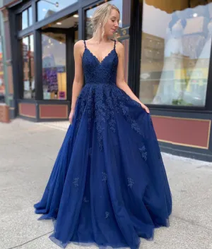 Blue Tulle Lace Long Prom Dress, Beautiful A-Line Evening Party Dress