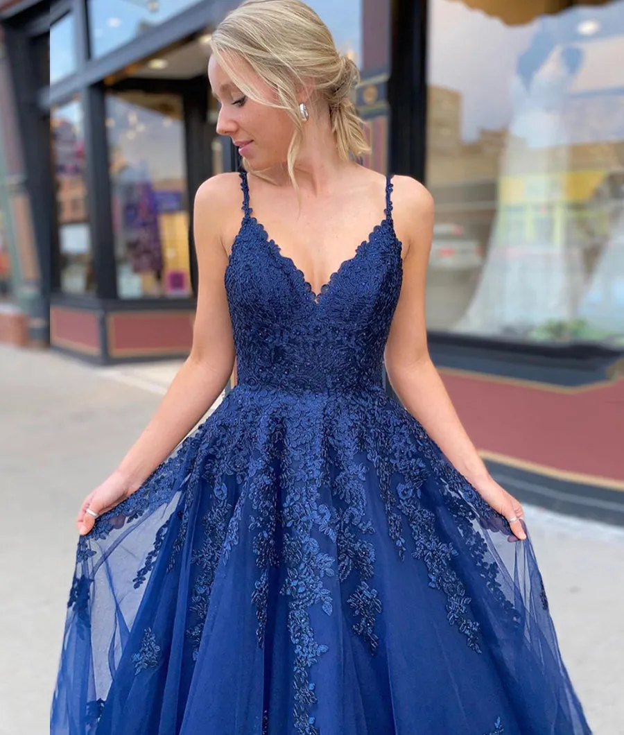 Blue Tulle Lace Long Prom Dress, Beautiful A-Line Evening Party Dress