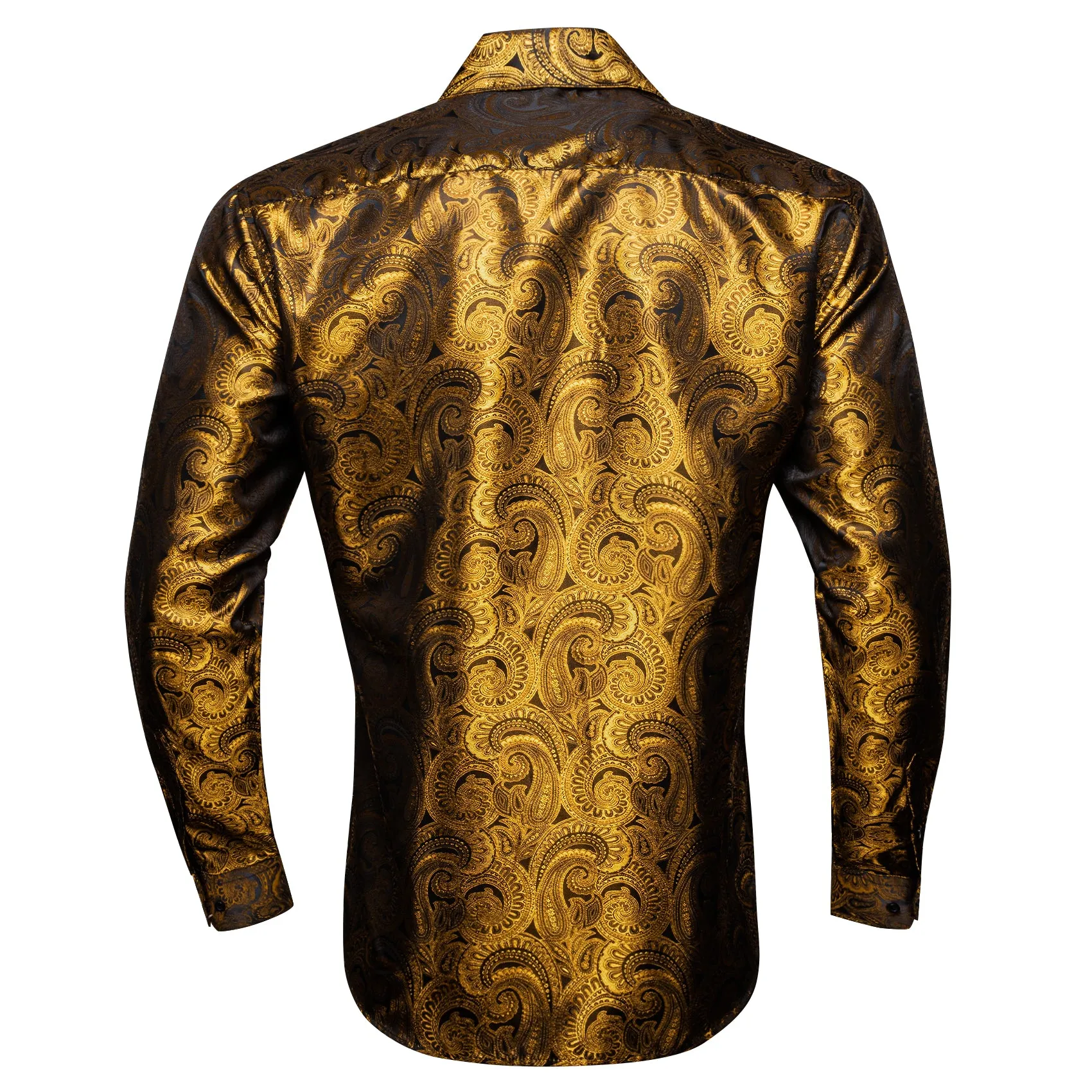 Brown Golden Paisley Pattern Silk Men's Long Sleeve Shirt