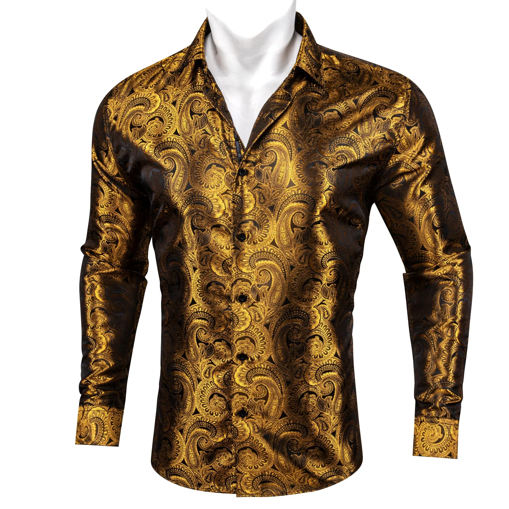 Brown Golden Paisley Pattern Silk Men's Long Sleeve Shirt