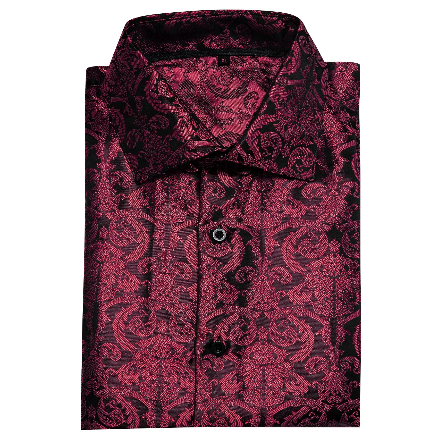 Burgundy Floral Pattern Silk Men's Long Sleeve Shirt