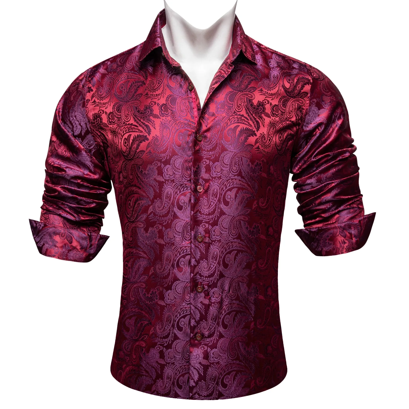 Burgundy Red Purple Paisley Flower Pattern Silk Men's Long Sleeve Shirt