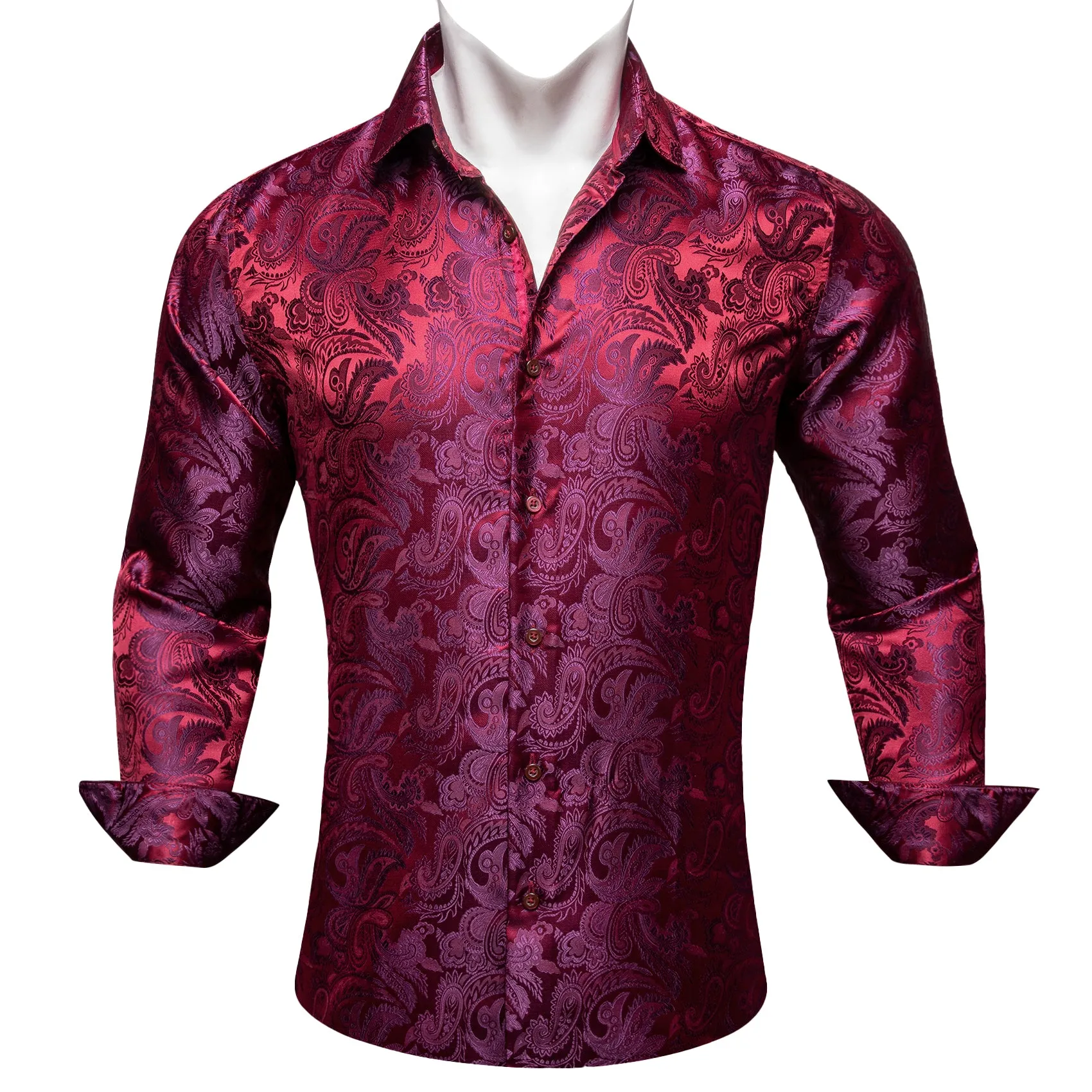 Burgundy Red Purple Paisley Flower Pattern Silk Men's Long Sleeve Shirt