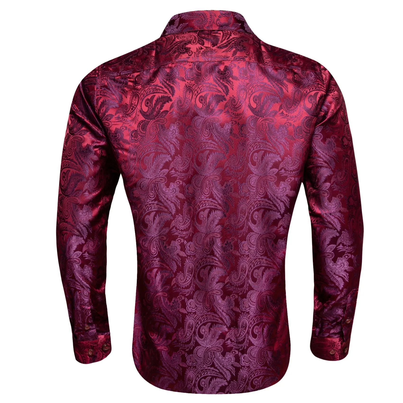 Burgundy Red Purple Paisley Flower Pattern Silk Men's Long Sleeve Shirt