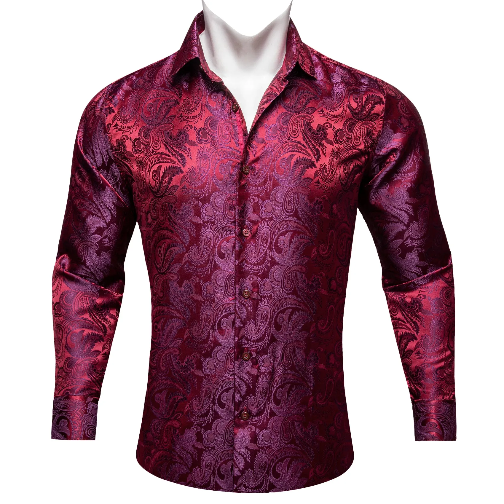 Burgundy Red Purple Paisley Flower Pattern Silk Men's Long Sleeve Shirt