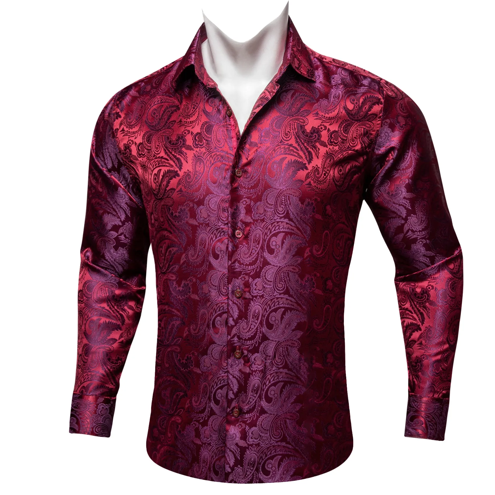 Burgundy Red Purple Paisley Flower Pattern Silk Men's Long Sleeve Shirt