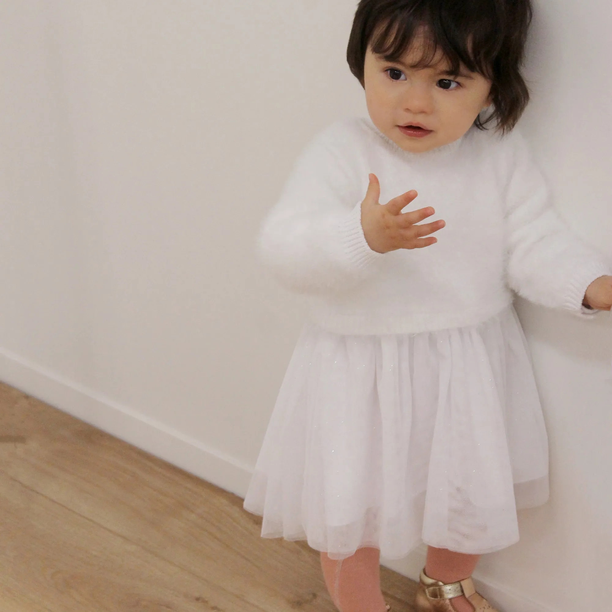 Carrement Beau White Knit Tulle Dress