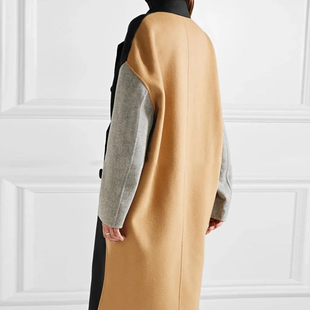 Casual Lapel Collar Color Block Long Sleeve Double Breasted Cocoon Midi Trench Coat