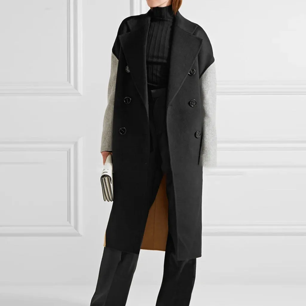 Casual Lapel Collar Color Block Long Sleeve Double Breasted Cocoon Midi Trench Coat