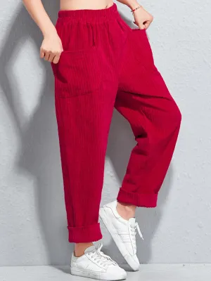 Casual Solid Color Elastic Waist Corduroy Pants