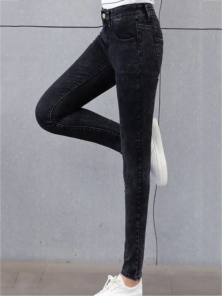 Casual Solid Elastic Thick Denim Pants