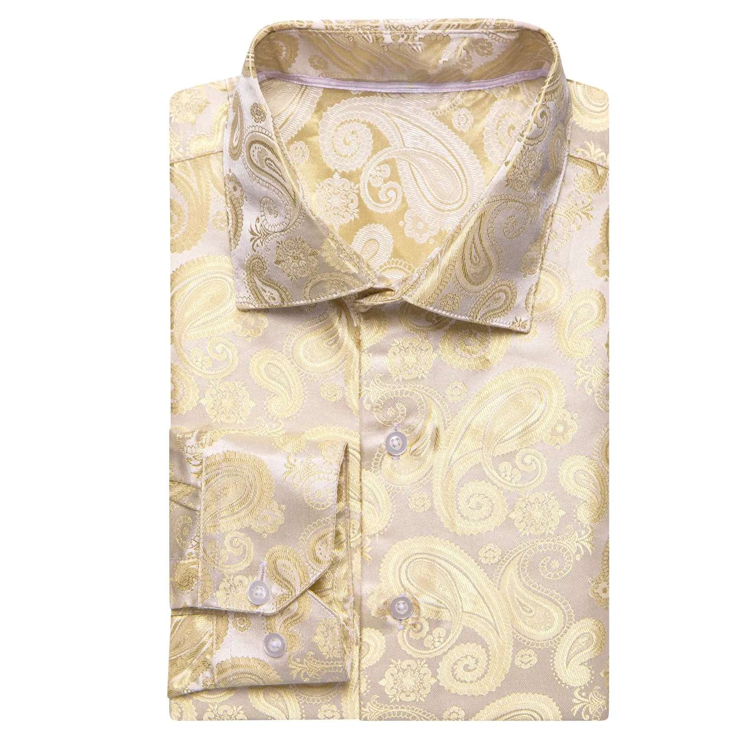 Champagne Beige Paisley Pattern Silk Men's Long Sleeve Shirt