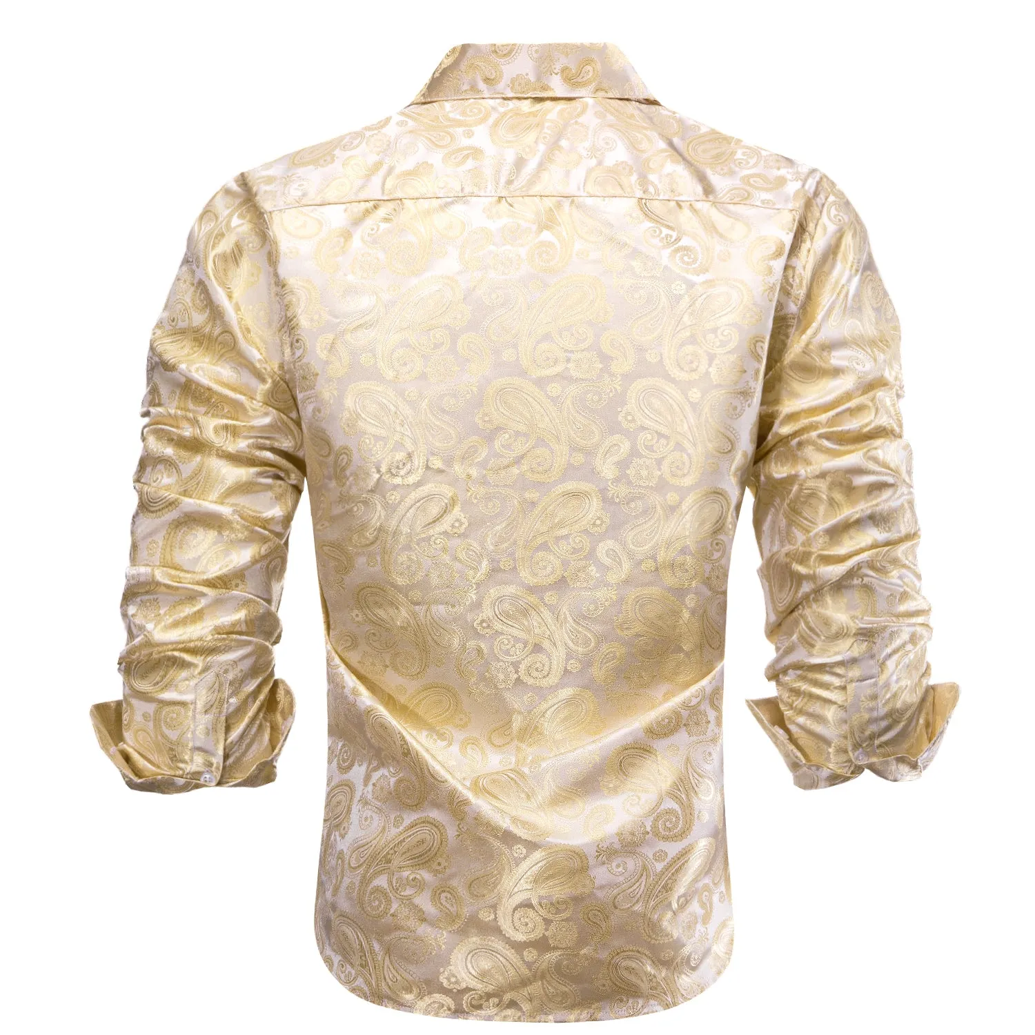 Champagne Beige Paisley Pattern Silk Men's Long Sleeve Shirt