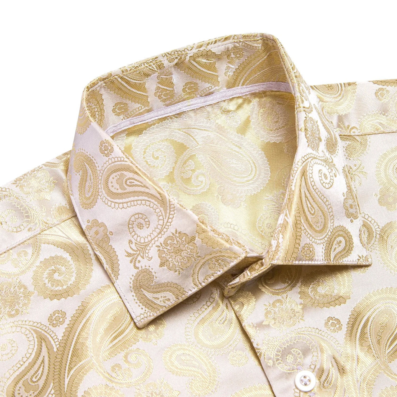 Champagne Beige Paisley Pattern Silk Men's Long Sleeve Shirt