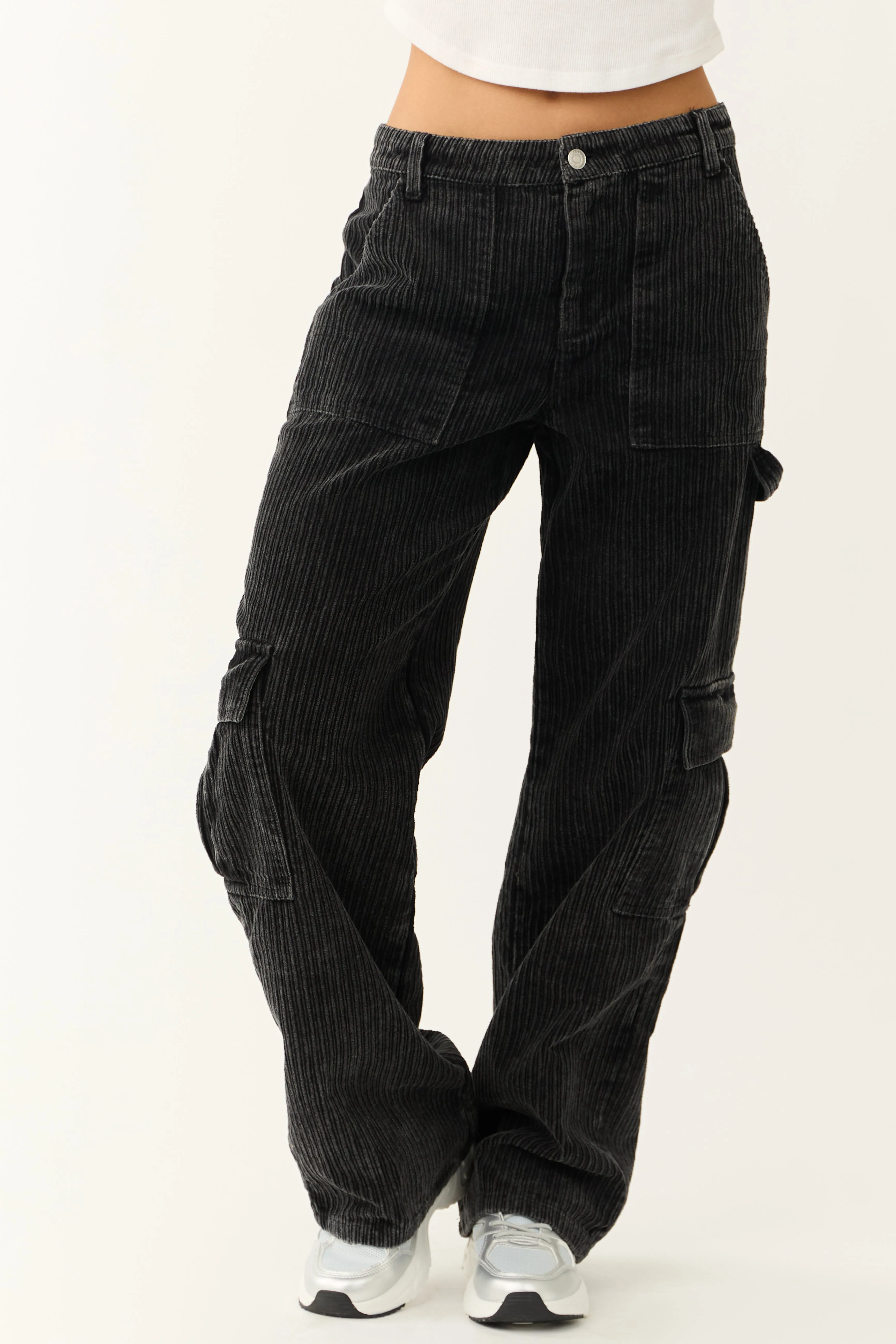 Charcoal Corduroy Wide Leg Cargo Pants