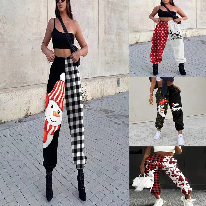 Christmas-themed Autumn/Winter Women's Fashion - Loose Fit Printed Athletic Harem Pants with a Touch of Plaid Elegance