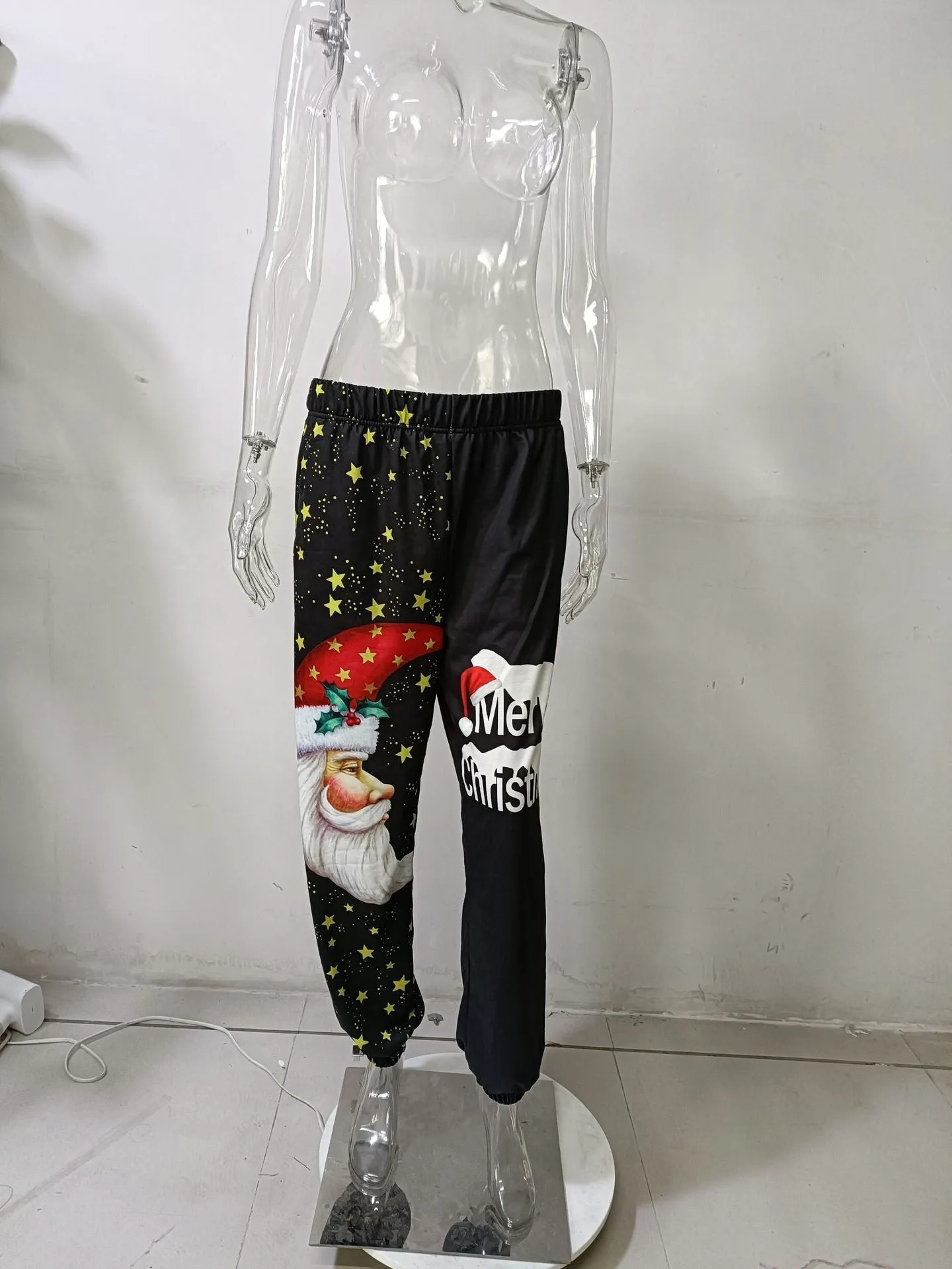 Christmas-themed Autumn/Winter Women's Fashion - Loose Fit Printed Athletic Harem Pants with a Touch of Plaid Elegance