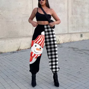 Christmas-themed Autumn/Winter Women's Fashion - Loose Fit Printed Athletic Harem Pants with a Touch of Plaid Elegance