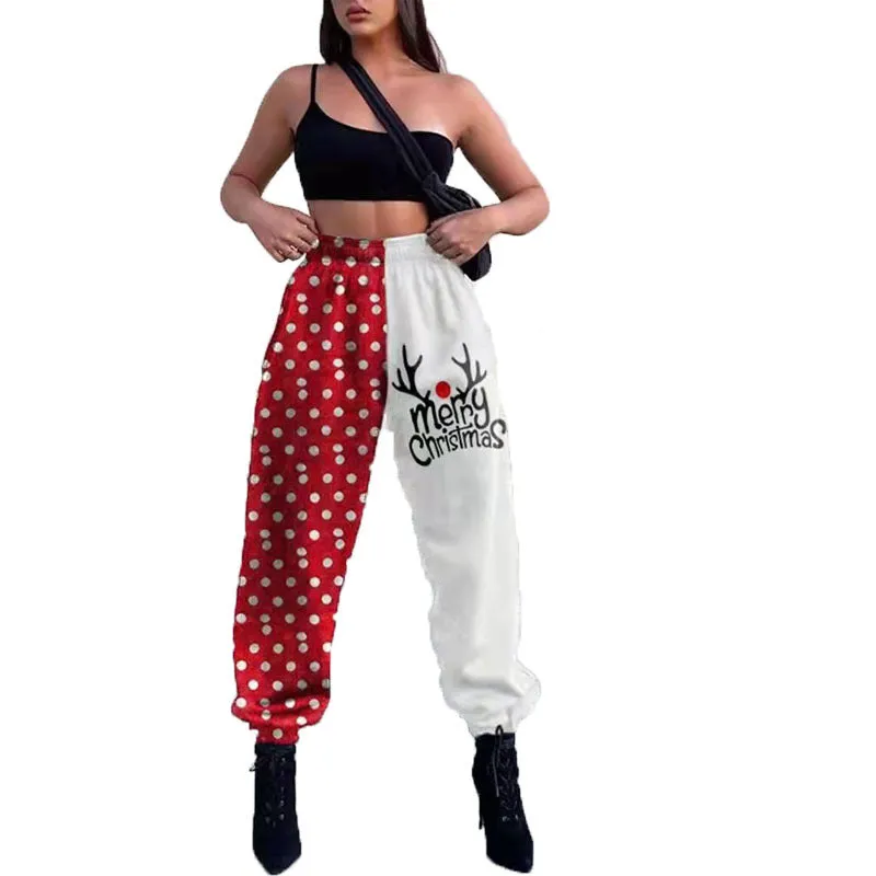 Christmas-themed Autumn/Winter Women's Fashion - Loose Fit Printed Athletic Harem Pants with a Touch of Plaid Elegance