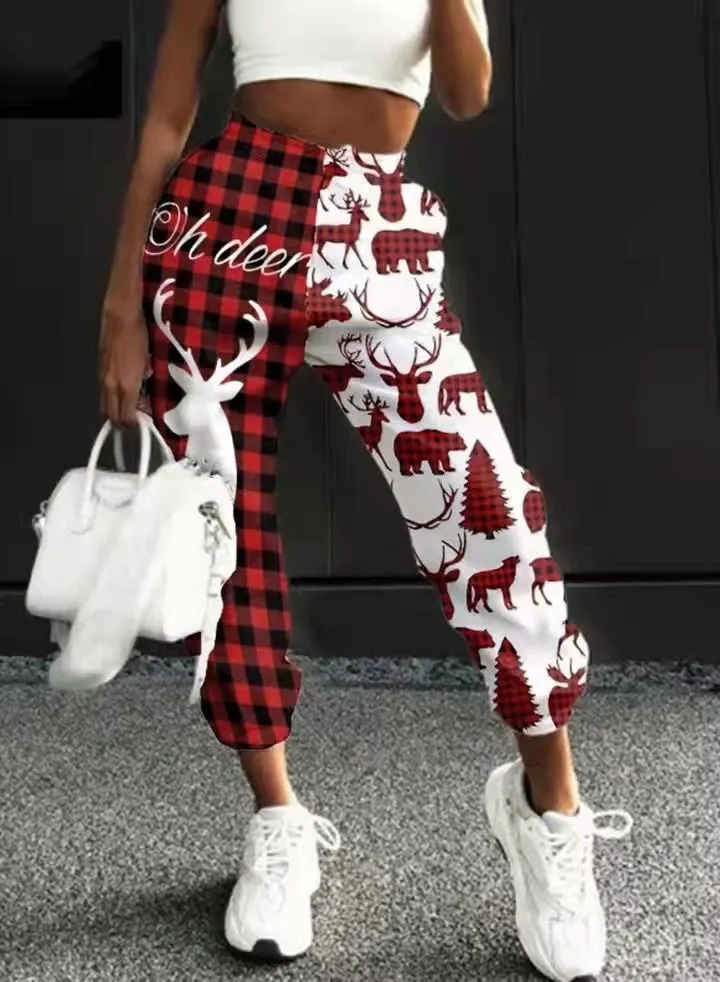 Christmas-themed Autumn/Winter Women's Fashion - Loose Fit Printed Athletic Harem Pants with a Touch of Plaid Elegance