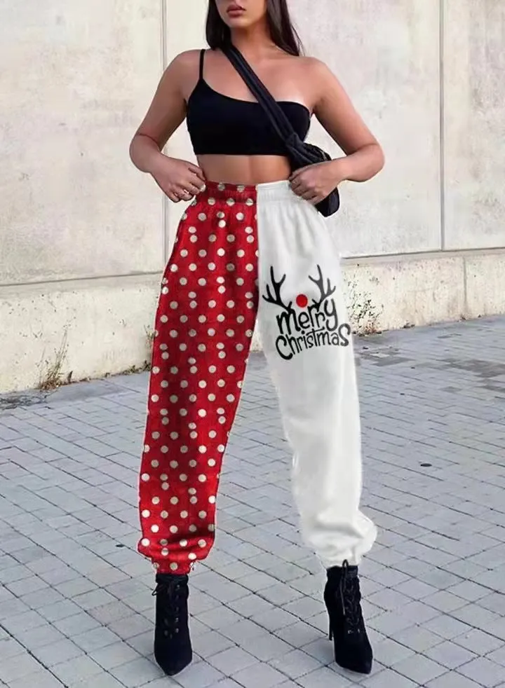 Christmas-themed Autumn/Winter Women's Fashion - Loose Fit Printed Athletic Harem Pants with a Touch of Plaid Elegance