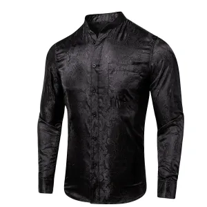 Classic Black Paisley Pattern Silk Men's Long Sleeve Shirt