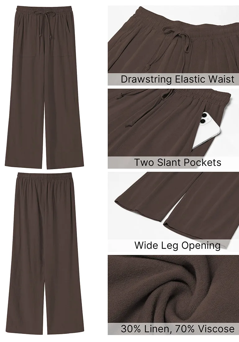 Coffee Brown Women's Lounge Elastic Waist Pants with Pockets Soft Quick Dry Wide Leg