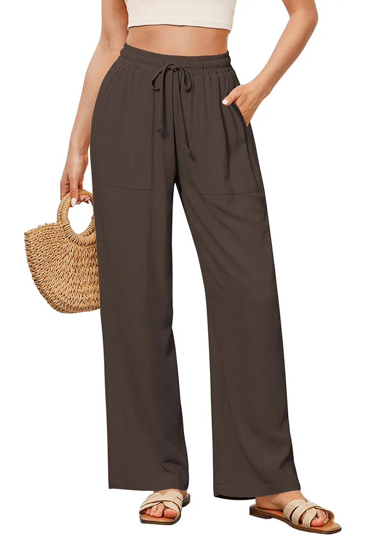 Coffee Brown Women's Lounge Elastic Waist Pants with Pockets Soft Quick Dry Wide Leg