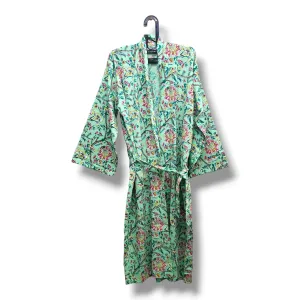 Cotton Hand Printed Kimono Robe Green Floral