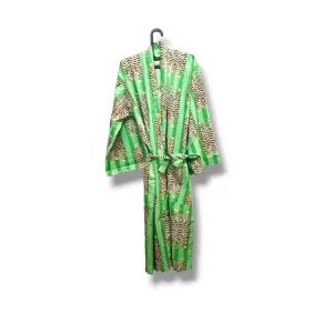 Cotton Hand Printed Kimono Robe Tiger Stripes Green