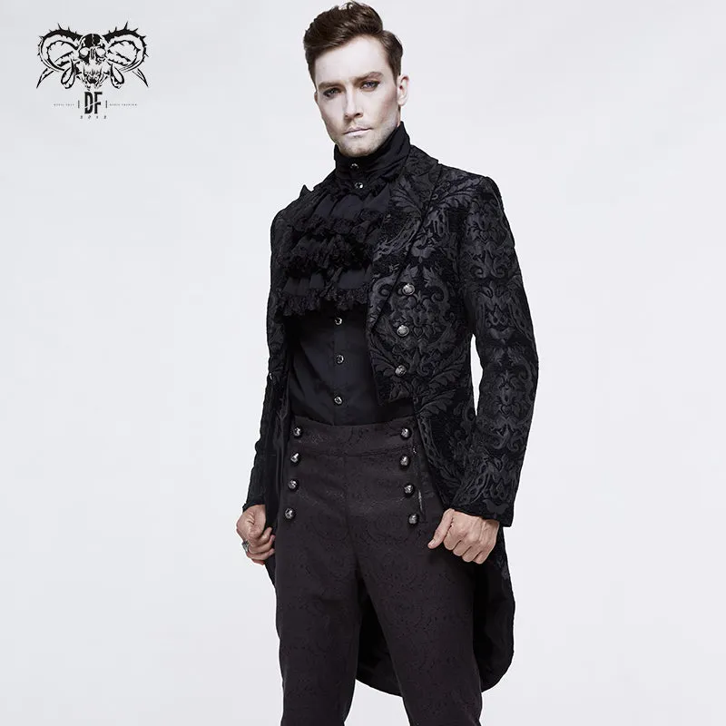 CT105 Gothic jacquard high-low men warm black dress coat with slit