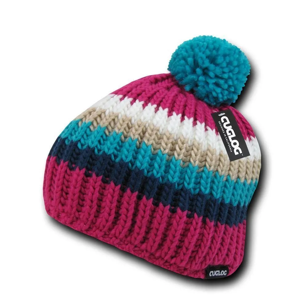 Cuglog Mont Ventoux Thick Cable Knit Stripped Beanies Big Fuzzy Pom Style Winter