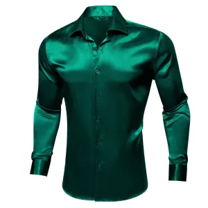 Dark Green Solid Silk Men's Long Sleeve Shirt