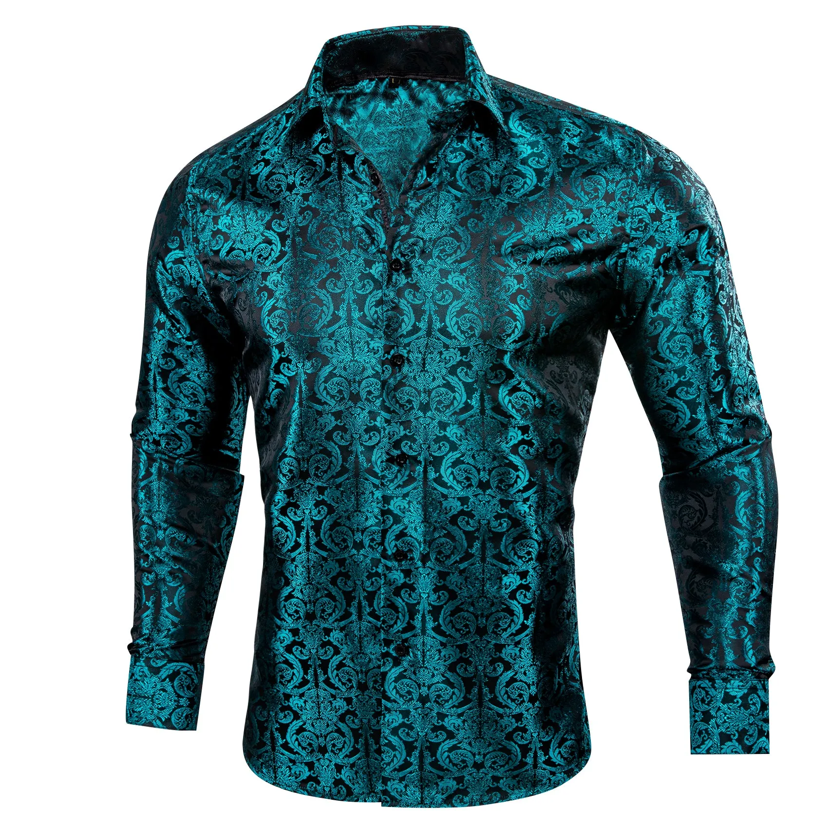 Dark Lake Blue Floral Pattern Silk Men's Long Sleeve Shirt