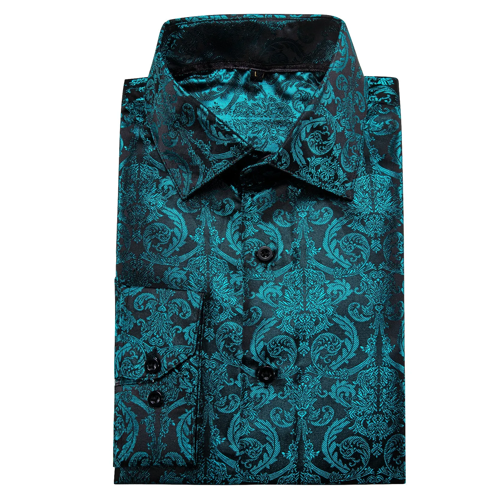 Dark Lake Blue Floral Pattern Silk Men's Long Sleeve Shirt