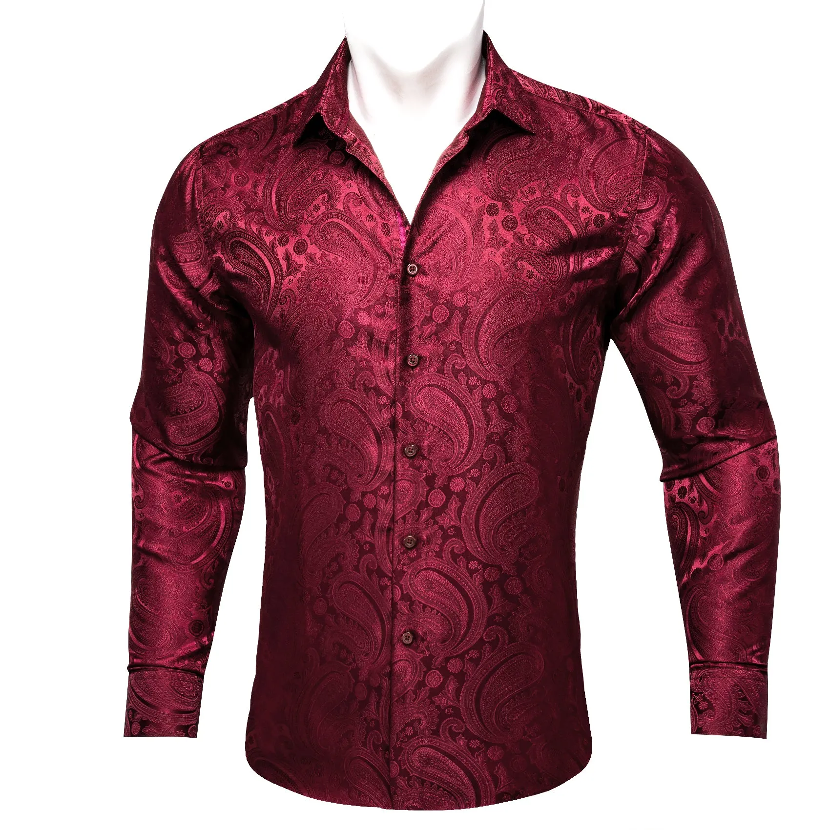 Darkred Paisley Flower Pattern Silk Men's Long Sleeve Shirt