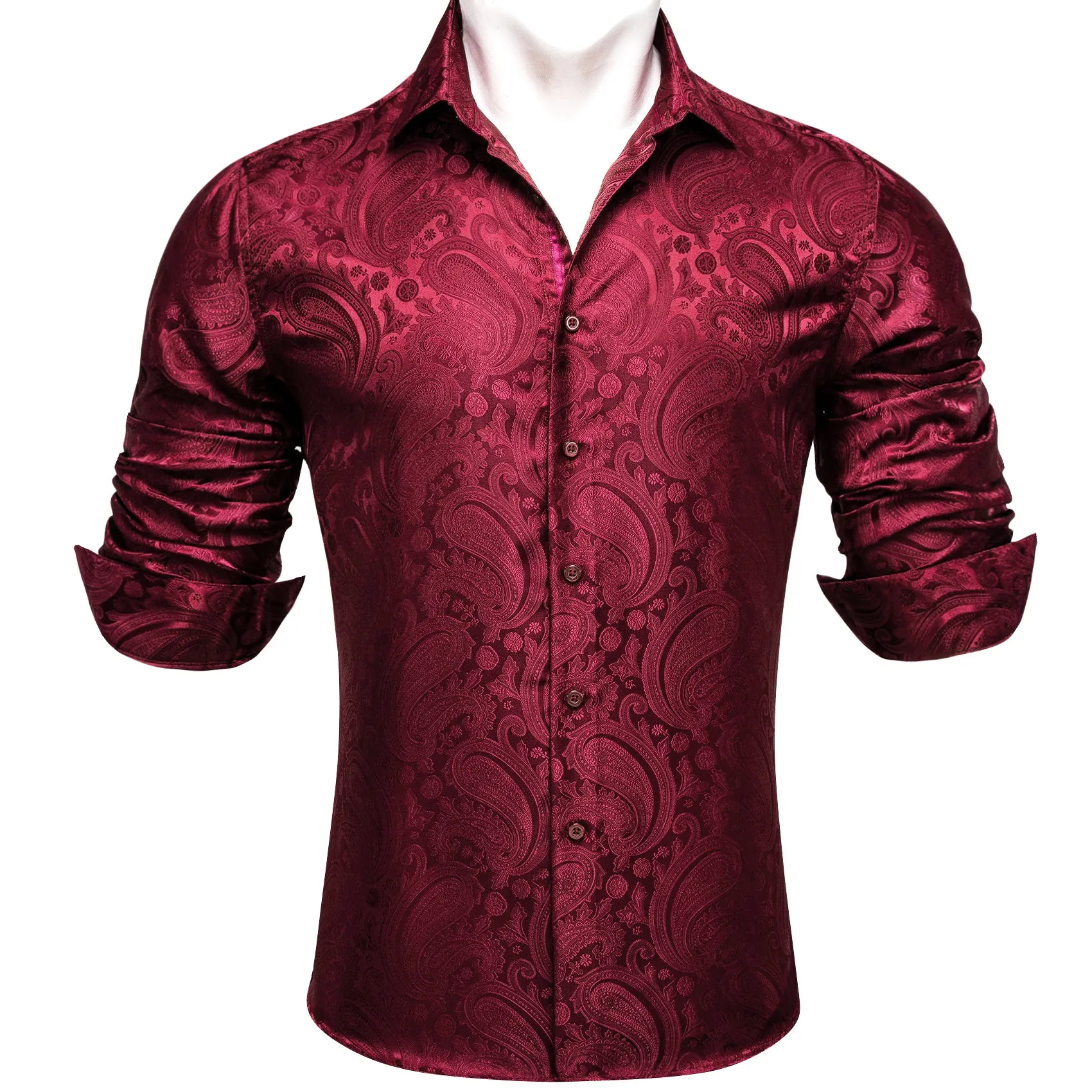 Darkred Paisley Flower Pattern Silk Men's Long Sleeve Shirt