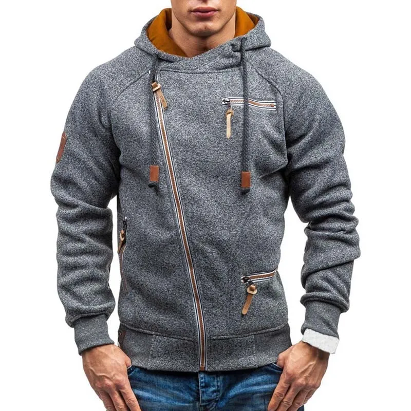 Diagonal zip Casual Long Sleeve Hoodie for Men