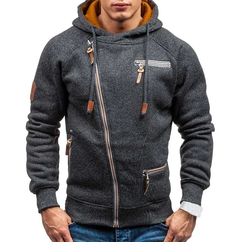 Diagonal zip Casual Long Sleeve Hoodie for Men