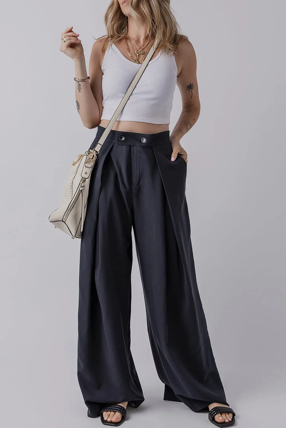 Dirty blue Dual Buttoned High Waist Pleated Wide Leg Pants