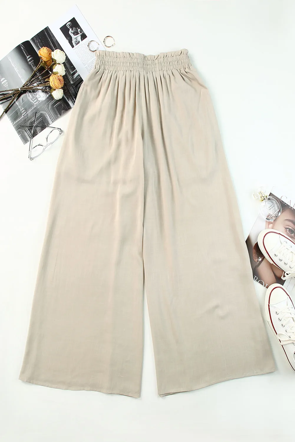 Drawstring Smocked High Waist Wide Leg Pants