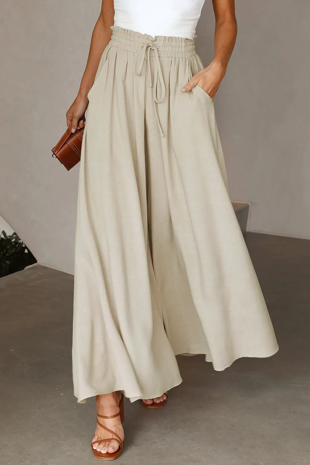 Drawstring Smocked High Waist Wide Leg Pants