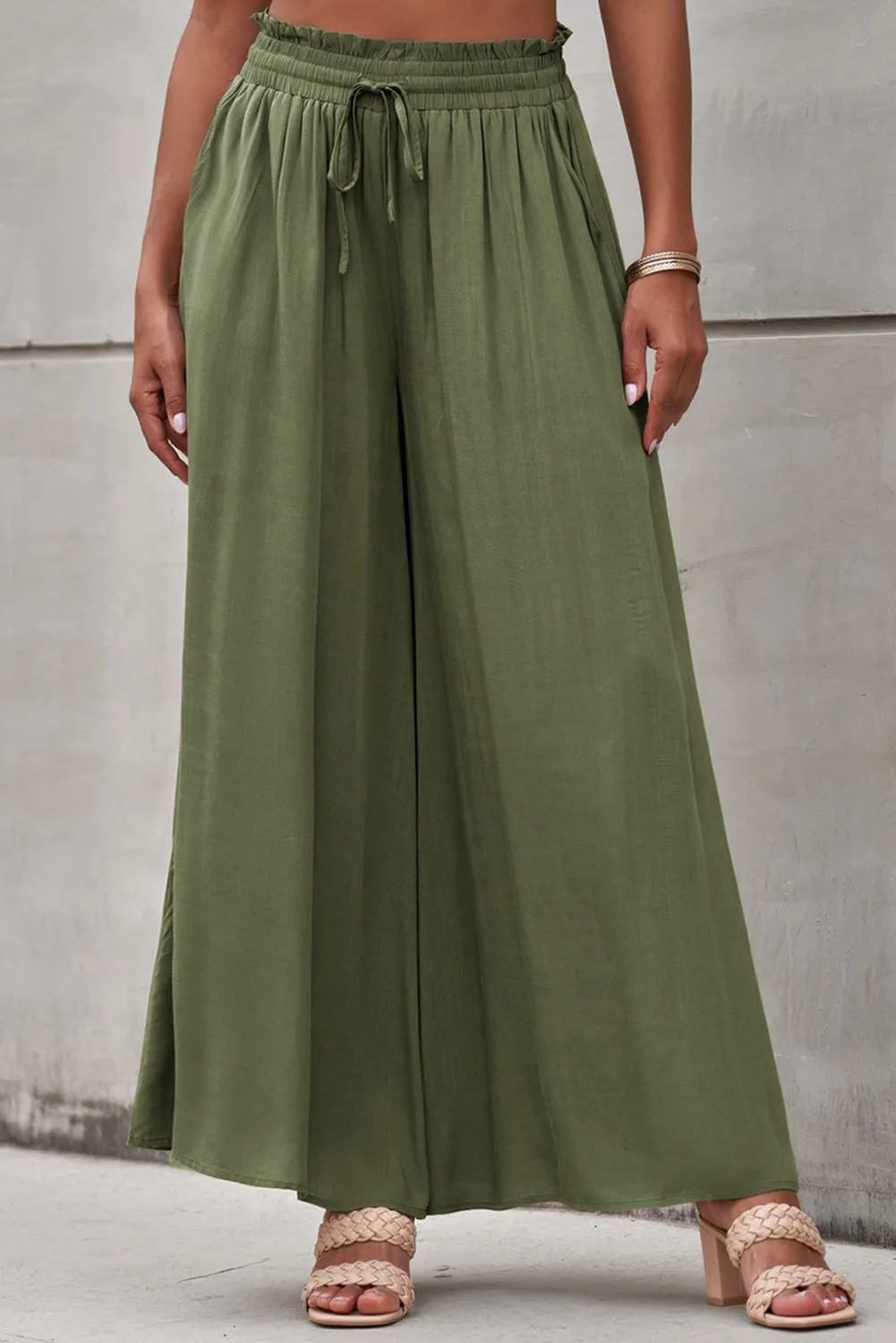 Drawstring Smocked High Waist Wide Leg Pants