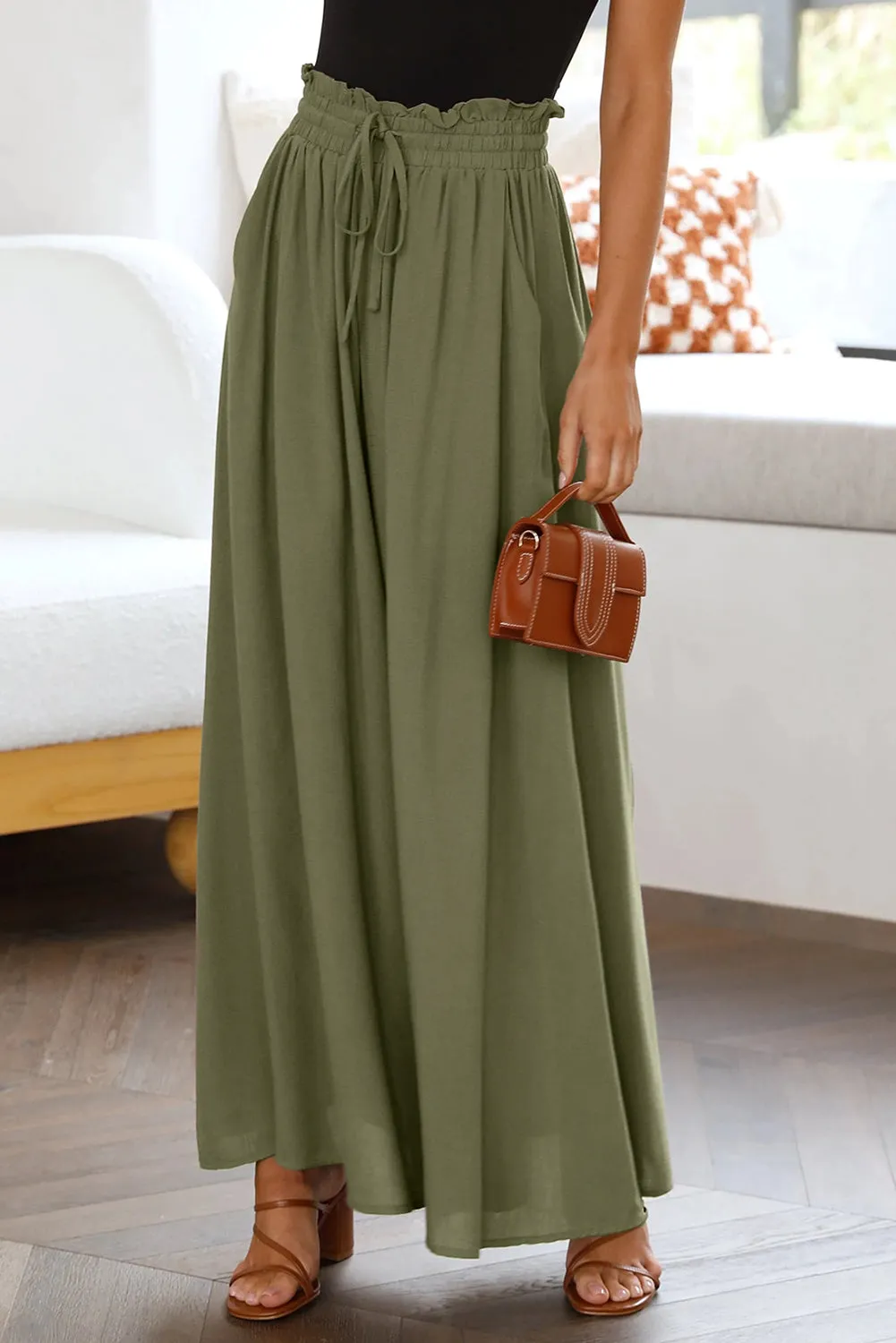 Drawstring Smocked High Waist Wide Leg Pants